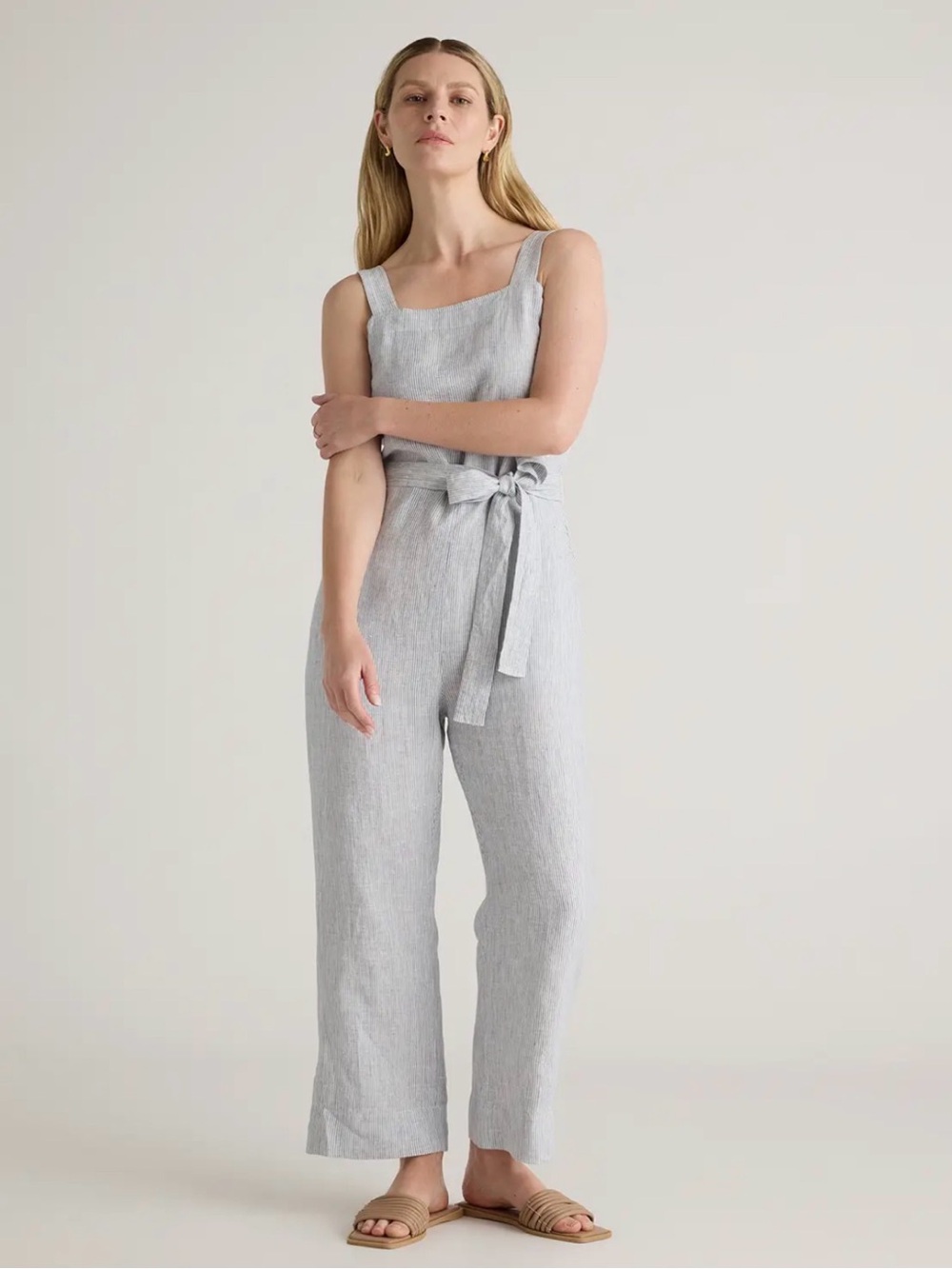 Quince 100% European Linen Square Neck Jumpsuit in blue pinstripe pattern Size M